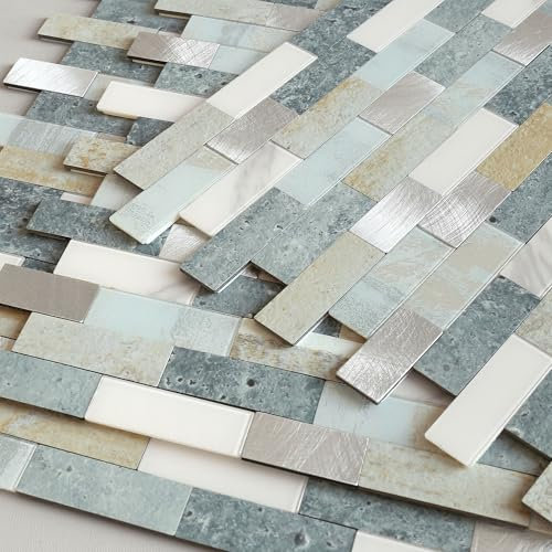 BeNice Selbstklebende Mosaik Fliesenaufkleber Bad, Wandfliesen Küche Marmor Fliesen Wasserdichte(Blau Grau,10Stücke)