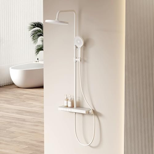 EMKE Sistema de Ducha con Termostato, Conjunto de Ducha de Lluvia, Placa Termostática de 40 cm, Ducha de Mano con 3 Tipos de Chorros, Ducha de Lluvia con Grifo, Blanco Mate