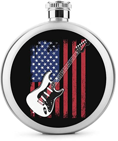 Petaca redonda de guitarra eléctrica con bandera de Estados Unidos para licor, portátil, de acero inoxidable, con tapa, para hombres y mujeres, 5 onzas