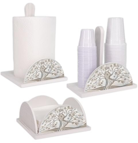 Lupia - Set 3 Pezzi Cucina in Legno White ALBERO ABBRACCIO: Porta Tovaglioli, Porta Bicchieri, Porta Rotolo, Decorazione Elegante, Adatto a Stili Moderni e Classici, stile amore e famiglia