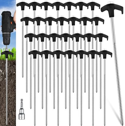 Hicarer 20 Pcs 12 Inch Tent Stakes Screw in Camping Stakes Heavy Duty Metal Spikes Ground Anchor Peg Threaded Tent Spikes with Hex Head Driver for Camping Garden Inflatable (Black)