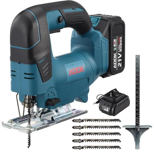 ADWOLT Sierra de vaivén con batería (motor 21 V sin burbujas, ajuste de ángulo 45 máx. profundidad de corte 75 mm, 3 velocidades 0-2900 rpm, hoja de sierra*5, 1 batería 3,0 Ah)