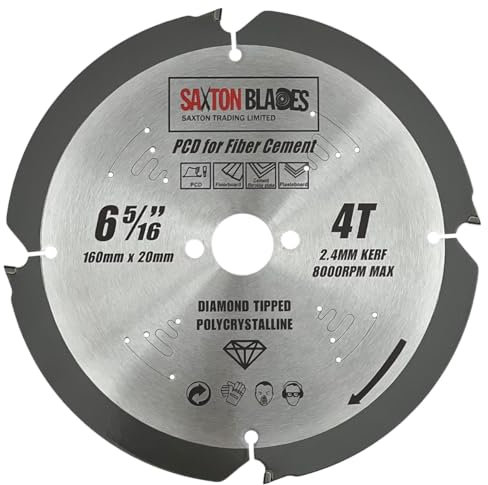 Saxton PCD Circular Saw Blade, 185mm x 4 Teeth x 20mm Bore (16mm ring), Polycrystalline Diamond Tipped Fibre Cement Board, Hard Materials