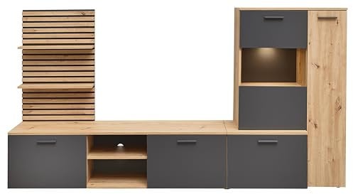 AVANTI TRENDSTORE - Mezzenile - Parete attrezzata elegante in legno laminato nel colore quercia Artisan/antracite con colonna, mensola a muro e mobile TV. Dimensioni LAP ca. 250x135x38 cm