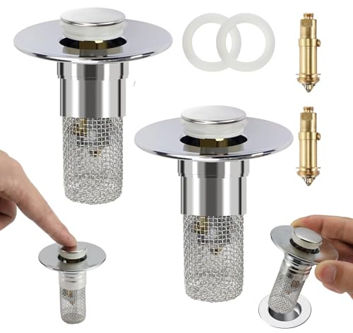 Bathroom Sink Drain Strainer Hair Catcher, Pop Up Sink Drain Stopper with Removable Stainless Steel Filter Basket for US Universal Bathroom Kitchen Basin Sink Stopper Replacement, 2 Pack