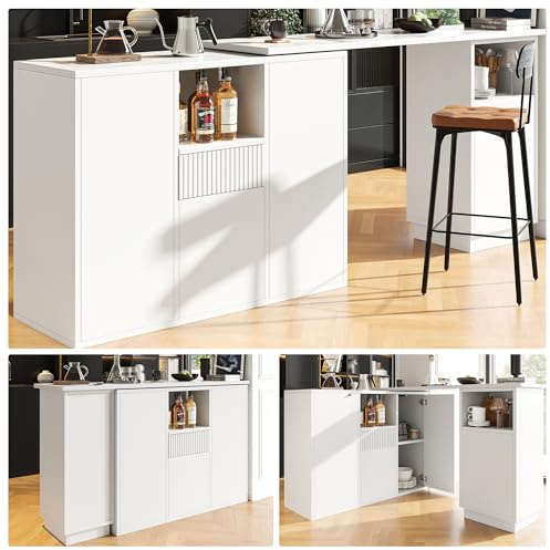 KUAKE Moderner ausziehbarer Bartisch, Ausziehbarer Esstisch mit Stauraum, Stehtisch Bistrotisch, drehbar, für Esszimmer, Wohnzimmer und Esszimmer (Weiß)