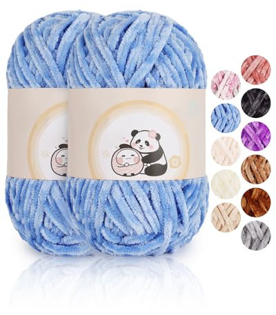 Aeelike 200g Chenille Babywolle zum Stricken, Weich Chunky Chenille Fluffy Yarn, Flauschige Samt Velvet Chenille Wolle zum Häkeln, Warme Plüschwolle für Mützen, Schals, Decken, Himmelblau