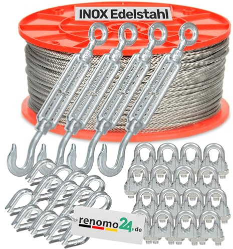 Renomo24 Edelstahlseil Set 6 (4mm 7x19) - 20m, 4x Spannschloss Haken/Öse, 16x Bügelklemmen, 16x Kauschen / V4A / AISI 316 (INOX)