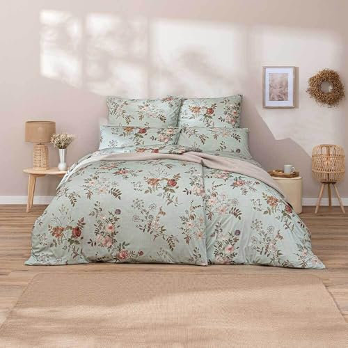ESTELLA Mako Jersey Bettwäsche 155x220 Perla Salbei Rosen Blüten 6913-532