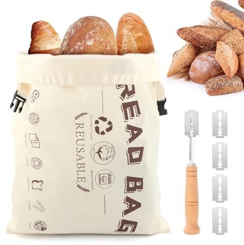Saycker Bread Bags for Homemade Bread,12x17'' Reusable Bread Bag,with 1 Bre ad Cutter&5pcs Blade,Sourdough B read Baking Supplies,Freezer Bre ad Storage Bag,Bred Storage Container