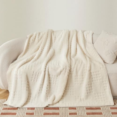 Miyacare Kuscheldecke Decken 200x230 cm, Couchdecke, Überwurf, Weiche und Warme Fleecedecke, Waffelmuster Wohndecke, Gemütliche Korddecke, Kuscheldecke Flauschig (Milchweiß, W200 x L230CM)