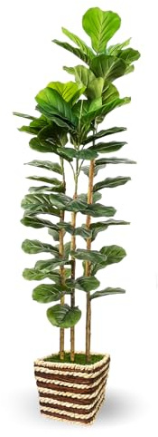 Artificial Plant Indoor with Woven Basket 150cm Tall Faux Fiddle Leaf Fig Tree with Real-Wood Trunk,Fake Plants for Living Rooms, Offices, Kitchens & Outdoor Spaces