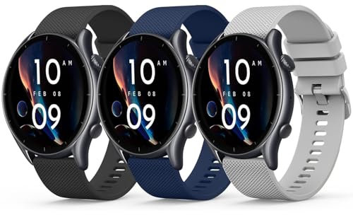 Amzpas 3 Stück Armband für Amazfit GTR 3 Armband,22mm Silikon Ersatzarmbänder Uhrenarmband für Amazfit GTR 4/3Pro/2/2e/Balance/Stratos 2S/Pace/Bip 5/BIP 6(Schwarz/Blau/Grau)