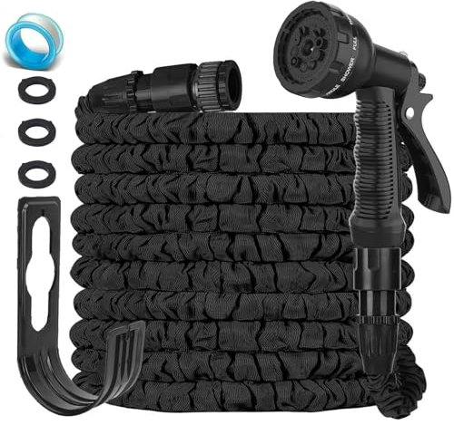LINGKY Manguera de Jardin Extensible 7.5 Metros, Manguera Jardin Flexible con 8 Funciones Pistola, Boquilla Manguera Retractil Con 3/4 1/2 Conector, Garden Hose Riego Conectores Accesorios