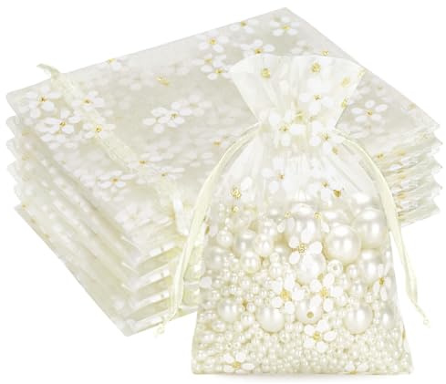 G2PLUS Sachet Organza Beige aux Marguerites,Pochette Organza 10x12cm | 30 Pièces Sac à Bijoux,Sachet Dragees Idéaux pour les Dragées,Mariages,Baptême et Anniversaires