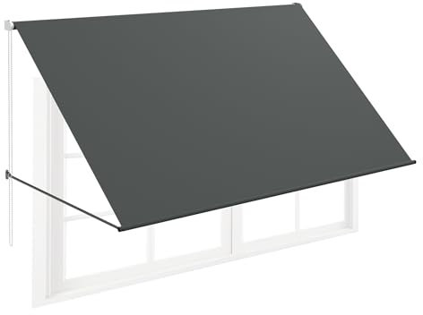 FIVMEN Tenda da sole retrattile con cordoncino e asta di supporto in alluminio, per balcone, protezione solare per finestra, terrazza, balcone, 235 x 145 cm, antracite