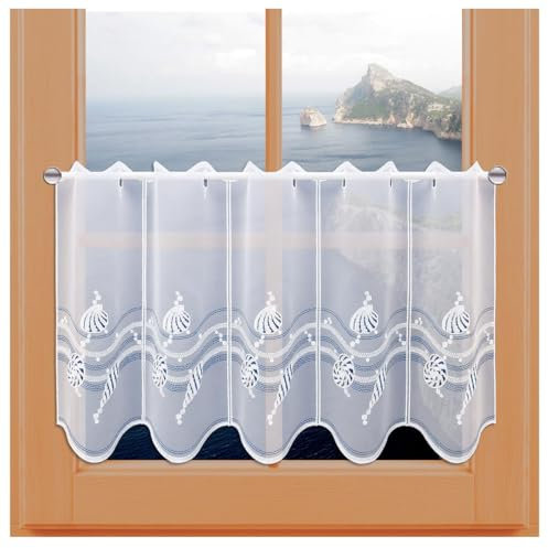 kollektion MT Scheibengardine Meereshauch Vogtländische Spitze - Maritime Badgardine mit Muscheln in weiß-blau - moderner Scheibenhänger mit edler Stickerei | Kurzgardine Höhe x Breite 40 x 64 cm