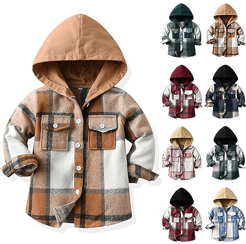 Karierte Jacke mit Knopfleiste Kinder Junge Mädchen Flanellhemd Jacken Langarm Baby Kapuzenjacke Coole Übergangsjacke Hemdjacke Freizeit Mäntel Outdoor (F, 2-3 Years)