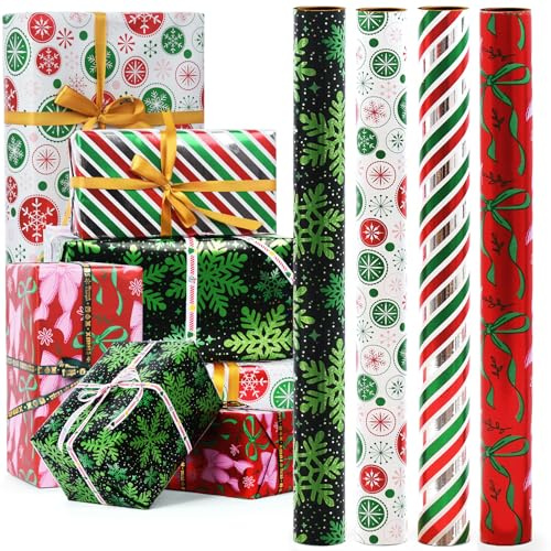AhfuLife 4 Rollen Bunte Metallisches Weihnachtsgeschenkpapier Set, 43cm x 3M Geschenkpapier, Geschenkpapierrolle für Weihnachtsfeier Geschenken Neujahr Hochzeit Valentinstag Verpacken
