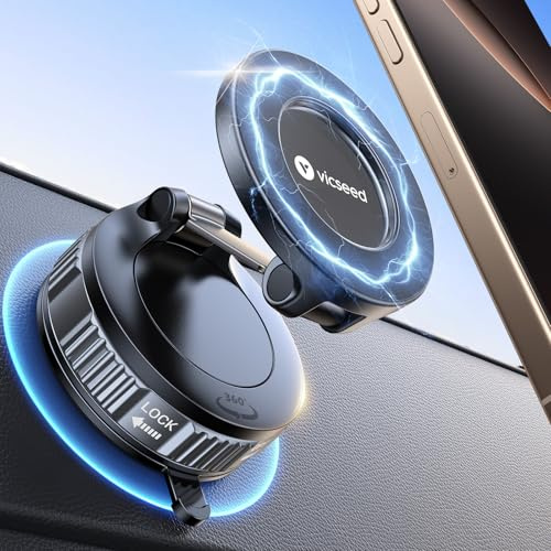 VICSEED [55+KG Strong Suction] Magnetic Phone Holder for Cars, Glossy Black | [3800gf Max Magnetic] Car Phone Holder [360° Rotating] Dashboard Windscreen Phone Holder for iPhone 17 Pro Max etc., Samsung