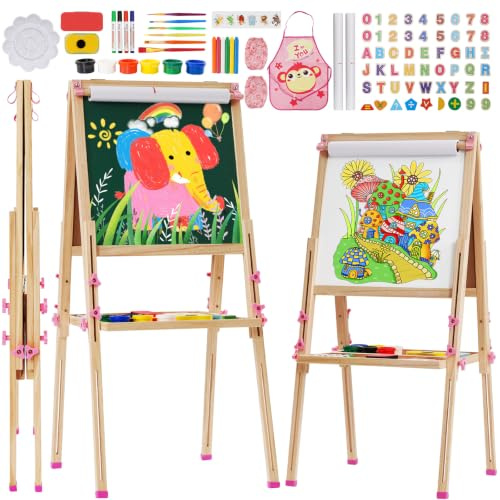 Staffelei Kinder aus Holz,Faltbare Doppelseitige Kunststaffelei für Whiteboard und Kreidetafel,Höhenverstellbar mit Papierrolle, Kreidetafel, Whiteboard, Stift, Reichhaltige Accessoires,Rosa