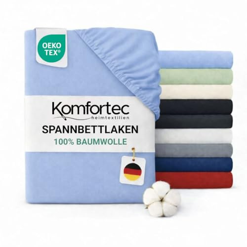 Komfortec Spannbettlaken Jersey 100% Baumwolle – 120x200 cm – 135g/m² – Weich, Atmungsaktiv & Hautfreundlich – Mit Rundumgummi – Oeko-Tex Zertifiziert – Für Boxspring, Topper & Matratzen – Hellblau
