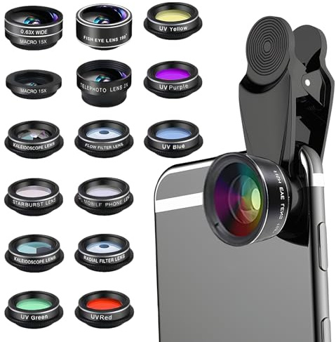 15 in 1 Handy Objektiv Set, Handy Kamera Objektiv Kit mit 198° Fisheye, Weitwinkel, Makro, Handy Objektiv Teleobjektiv für Smartphone, CPL und Kaleidoskop Lens, Kompatibel mit iPhone und Smartphones
