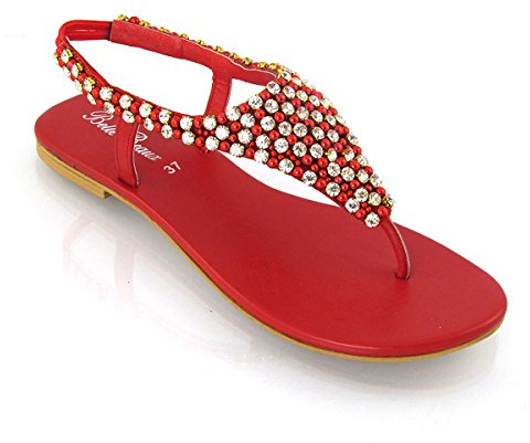 ESSEX GLAM LADIES FLAT DIAMANTE TOE POST WOMENS PEARL HOLIDAY DRESSY PARTY SANDALS SIZE 3-8 (UK 8 / EU 41, RED)