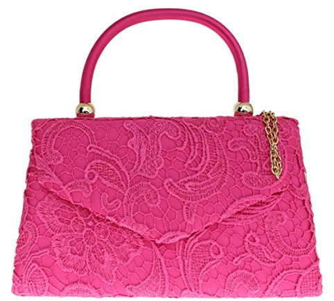 Girly Handbags Womens Lace Satin Top Handle Clutch Bag (Fuchsia)