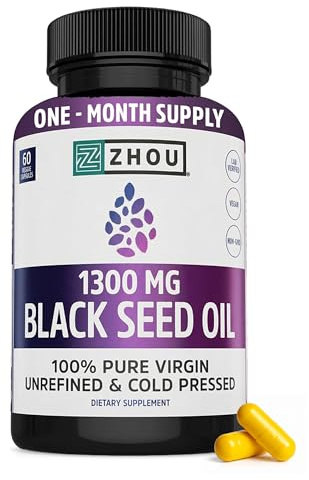 ZHOU Black Seed Oil Capsules - Black Cumin Seed Oil Cold Pressed, Nigella Sativa, Pure Unrefined Blackseed, Premium Supplement for Health, Hair & Skin w/Thymoquinone - 60 Capsules (Pack of 1)