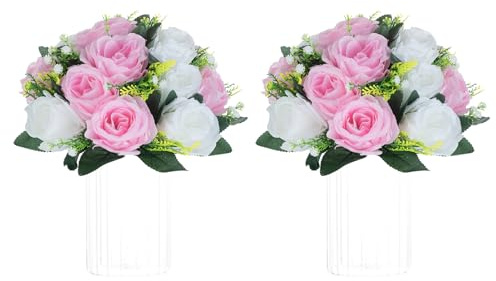 NUPTIO Pcs of 2 Fake Flower Ball Arrangement Bouquet,15 Heads Plastic Roses with Base, Suitable for Our Store's Wedding Centerpiece Flower Rack for Parties Valentine's Day Home Décor (Pink & White)