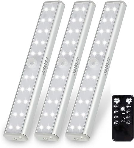 LUNSY Schrankleuchten Schrankbeleuchtung dimmbare 3 Stück 20LED 6000K Unterbauleuchte mit Fernbedienung & USB-wiederaufladbare Schrankleuchte für Küche, Garderobe, Schrank