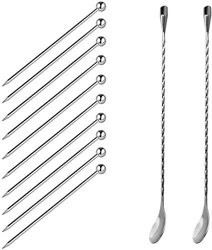 Set of 12 Stainless Steel Cocktail Picks&Mixing Spoons, SourceTon 10 Pieces 4 Inches Cocktail Picks and 2 Pieces 12 Inches Spiral Pattern Bar Cocktail Shaker Spoon