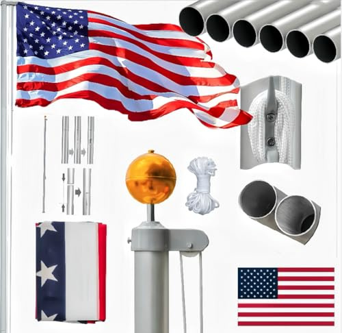 VINGLI Upgraded 25FT Sectional Aluminum Flagpole, Thick Tube Halyard Flag Pole,Kit Free 27~33mph, with 3'x5' Polyester USA American Flag, Golden Ball Top Halyard Rope PVC Sleeve