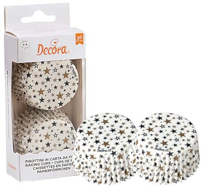DECORA, 0339856 Moules à Muffins, Très Pratiques pour Cuire, Présenter et Offrir des Muffins, Résistant jusqu'à 220°, Fabriqué en Italie, Motif Étoiles Noir et Or, Lot de 36 pièces