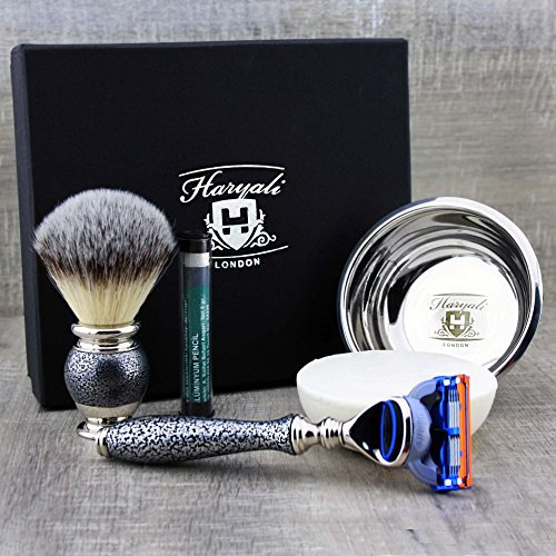Haryali London 5-teiliges Herren-Rasierset, 5 Klingen mit synthetischem Dachshaar, Rasierpinsel, Seife, Schüssel und Aftershave-Alaun-Stick, perfektes Set für Männer