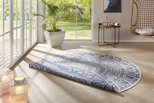 freundin Home Collection Nora In- & Outdoor Teppich Rund – Wendeteppich Wetterfest Modernes Design Runder Teppich für Balkon Terrasse Wintergarten Badteppich Wohnzimmerteppich, Blau Creme, 140cm