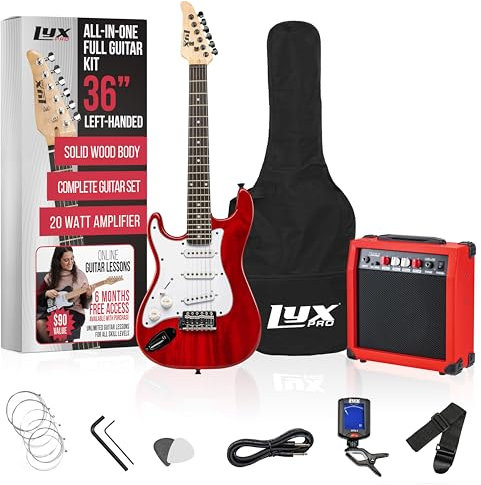 LyxPro Left Hand 36 Inch Electric Guitar and Kit for Lefty Kids with 3/4 Size Beginner’s Guitar, Amp, Six Strings, Two Picks, Shoulder Strap, Digital Clip On Tuner, Cable and Soft Case Gig Bag - Red