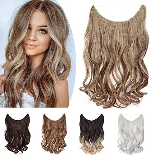 SEGO Haarteil Extensions Haarverlängerung ein Tresse mit Unsichtbarer Draht Haare Haarverdichtung Gewellt Hellbraun Mix Ash Blond-2 50 cm