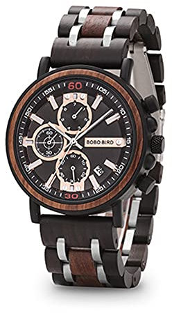 YCYR Herren-Holzuhren, Business Casual Uhr mit Quarz Analog Sub Zifferblatt Datumsanzeige Chronograph Leuchtzeiger, Verstellbares Holzarmband,Braun