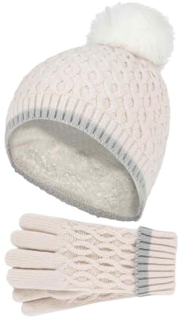 Heat Holders - Mädchen Kinder StrickMütze Bommel Pompom und Strickhandschuhe Set