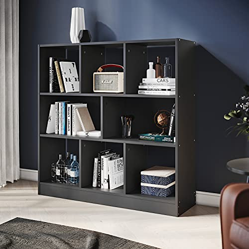ELEGANT 3-Tier Wooden Bookcase With Open Cubes and Shelves for Home Office, Bedroom, Living Room - Low Bookshelf Storage, Black