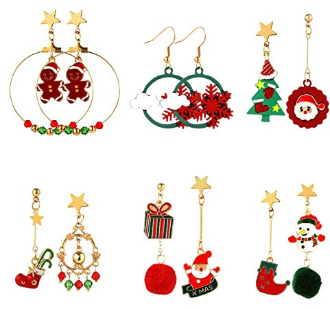 Naler Boucles d'oreilles Noël, Lot de 6 Paires Bijoux Ensemble Boucles d'oreilles Percée Femme Fille, Arbre de Noël Pompom Bonhomme de Neige Motif Noël Mixte