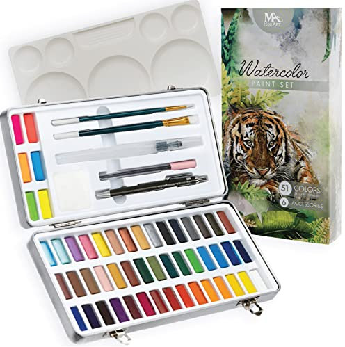 MozArt Supplies - Aquarellfarben-Set mit 51 lebendigen Farben und Zubehör – für Anfänger und Profis