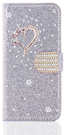Huzhide Case for iPhone SE 2022 / iPhone SE 2020 / iPhone 8 / iPhone 7, Handmade 3D Love Heart Glitter Diamonds Wallet Flip Phone Case Shockproof PU Leather Stand Card Slots Protective Cover, Silver