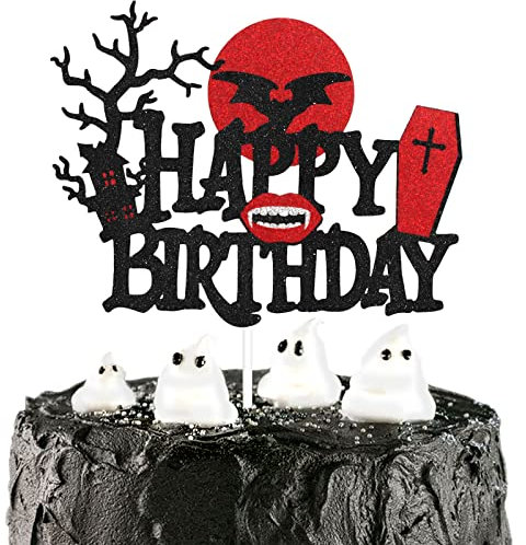 Vampire Halloween Happy Birthday Cake Topper - Halloween Birthday Black Glitter Zombie Horror Cake Topper - Have a Bite Kids Birthday Cake Decorations