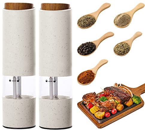 AmaCielo Molinillo eléctrico de sal y pimienta, juego de 2 molinillos de pimienta, paja de trigo, material ecológico, molinillo automático de sal de pimienta, rugosidad ajustable, operación con una