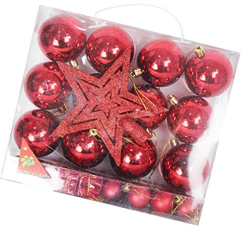 CHAMEEN Set mit 28 Weihnachtskugeln Plus 1 großer Stern, Weihnachtsdekoration, Weihnachtsbaumdekoration, Weihnachtsbaumkugeln, rot Weihnachtsbaum Anhänger