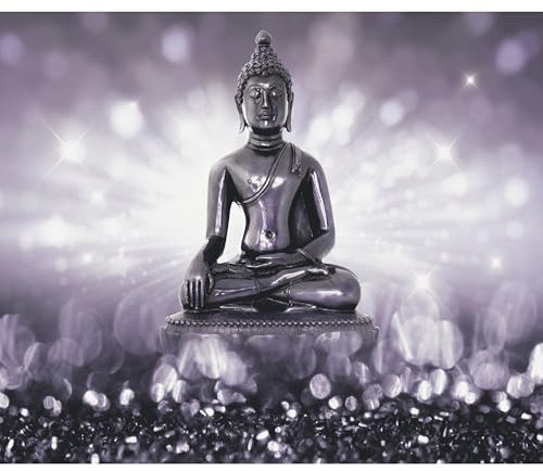 decomonkey - Papier Peint Panoramique Adhésif Bouddha 147x105 cm - Stickers Muraux Chambre Déco Autocollant - Gris blanc noir - Asie lueur bouddha feng shui violet orient sculpture lumière zen