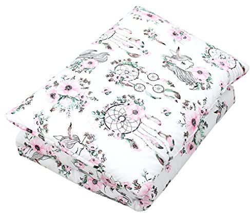 TupTam Kinder Gemusterte Bettdecken Set Ganzjahresdecke Bettdecke Kopfkissen Flachkissen 2tlg., Farbe: Traumfänger/Einhorn/Rosa, Größe: 135x100 cm